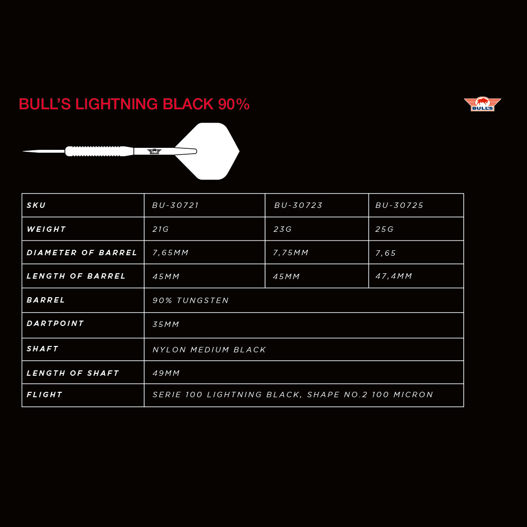 Bull's NL Lightning Black 90% Tungsten Steel Tip Darts