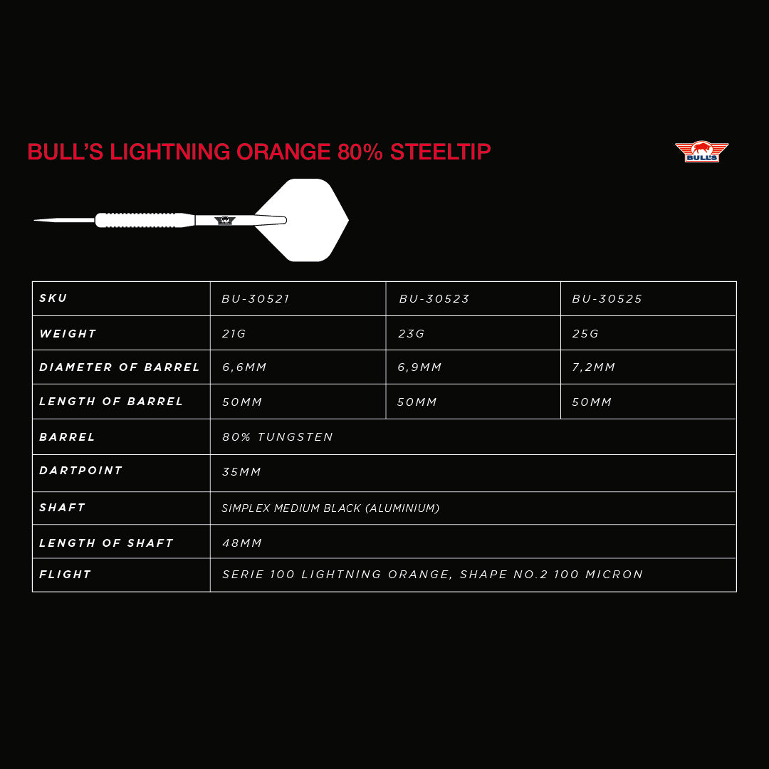 Bull's NL Lightning Orange 80% Tungsten Steel Tip Darts