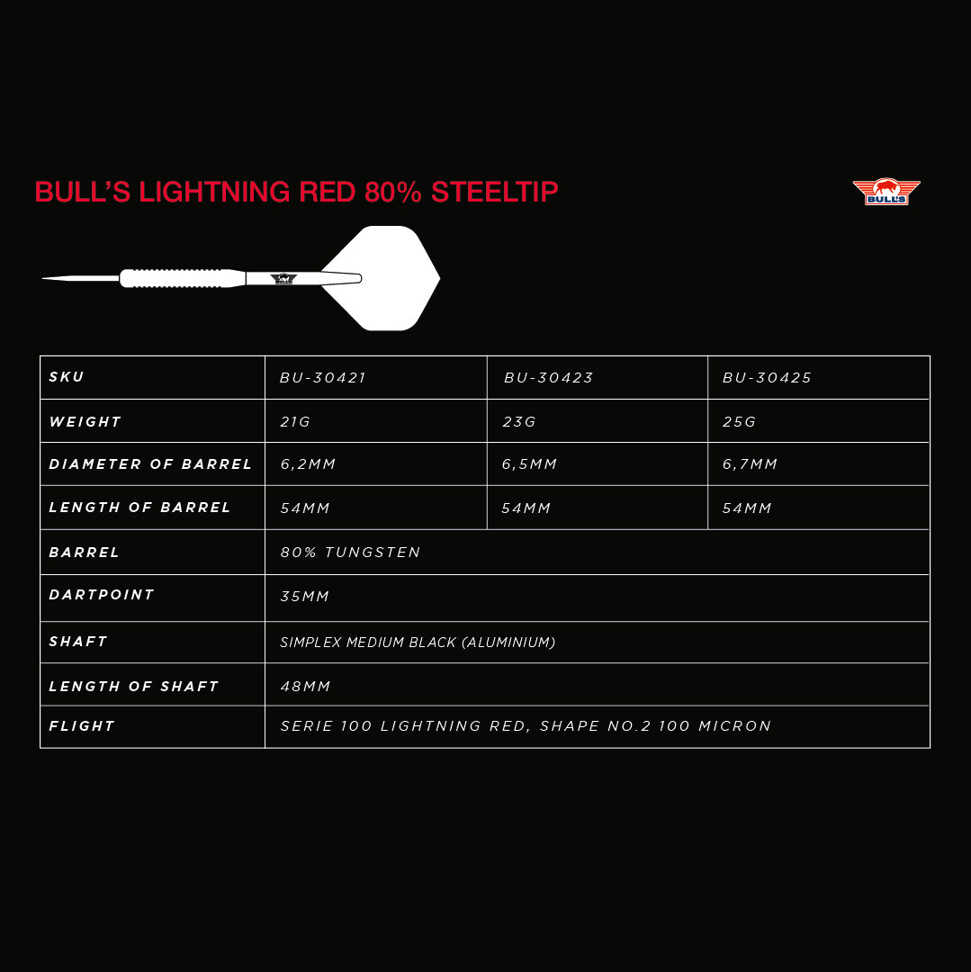 Bull's NL Lightning Red 80% Tungsten Steel Tip Darts