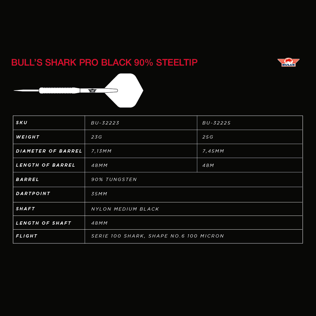 Bull's NL Shark Pro Black 90% Tungsten Steel Tip Darts